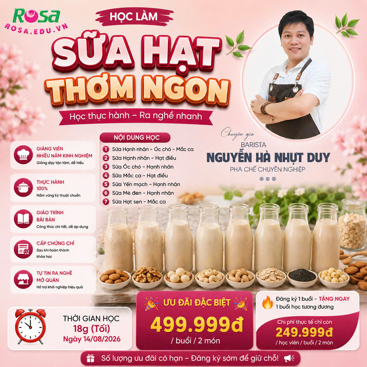 Workshop Học Làm Sữa Hạnh Nhân - Óc Chó - Mắc Ca, Sữa Hạnh Nhân – Hạt Điều, Sữa Óc Chó – Hạnh Nhân, Sữa Mắc Ca – Hạt Điều, Sữa Yến Mạch – Hạnh Nhân, Sữa Mè Đen – Hạnh Nhân, Sữa Hạt Sen – Mắc Ca PVN778