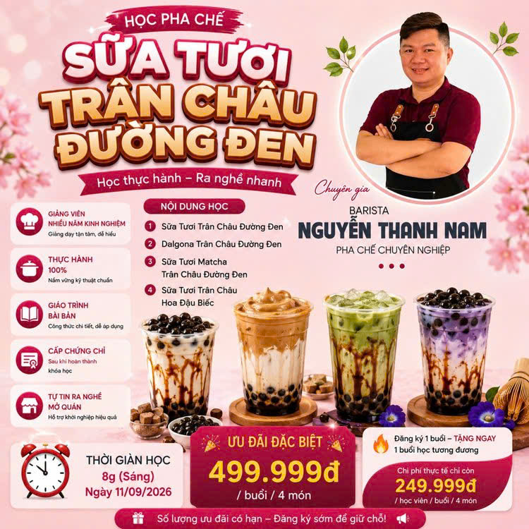 Workshop Học Làm  Sữa Tươi Trân Châu Đường Đen: Sữa Tươi Trân Châu Đường Đen + Dalgona Trân Châu Đường Đen + Sữa Tươi matcha Trân Châu Đường Đen + Sữa Tươi Trân Châu Hoa Đậu Biếc PVN698