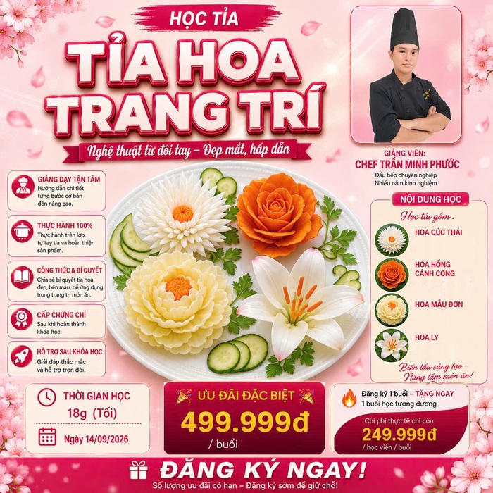 Workshop Học Tỉa Hoa Trang Trí Dĩa Kiểu Hoa Cúc Thái, Hoa Hồng Cánh Cong, Hoa Mẫu Đơn, Hoa Ly PVN1018