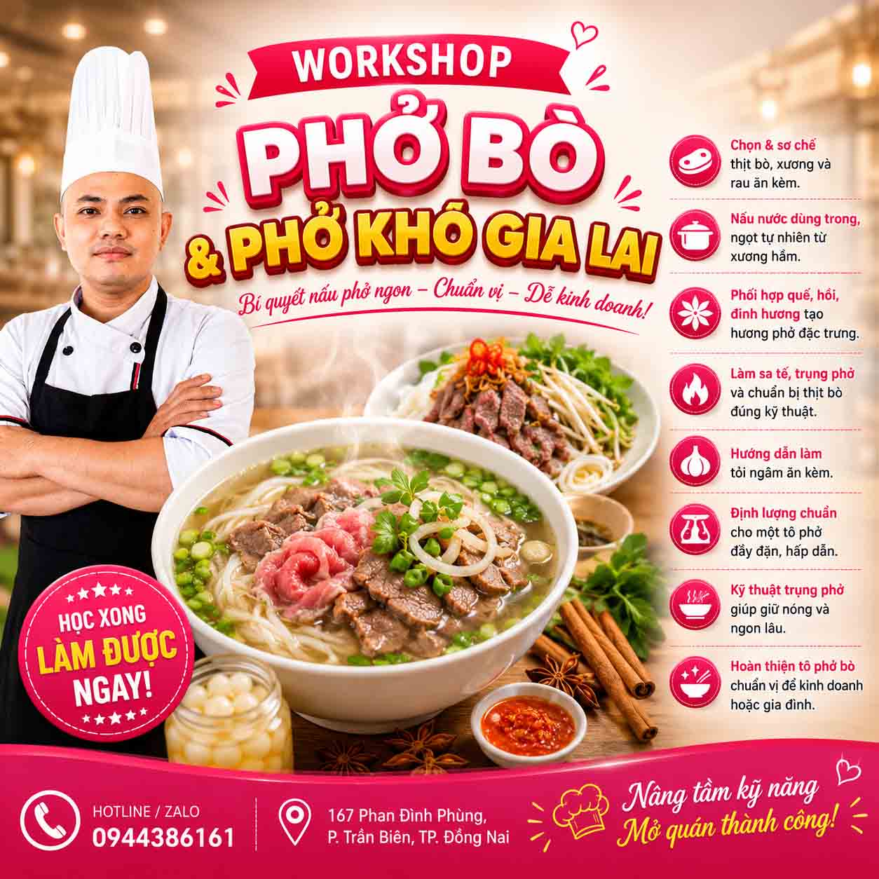 (WORKSHOP VIP) Học làm Phở Bò - Phở khô Gia Lai (Lớp 10 học viên, học ngắn , kinh doanh ngay)