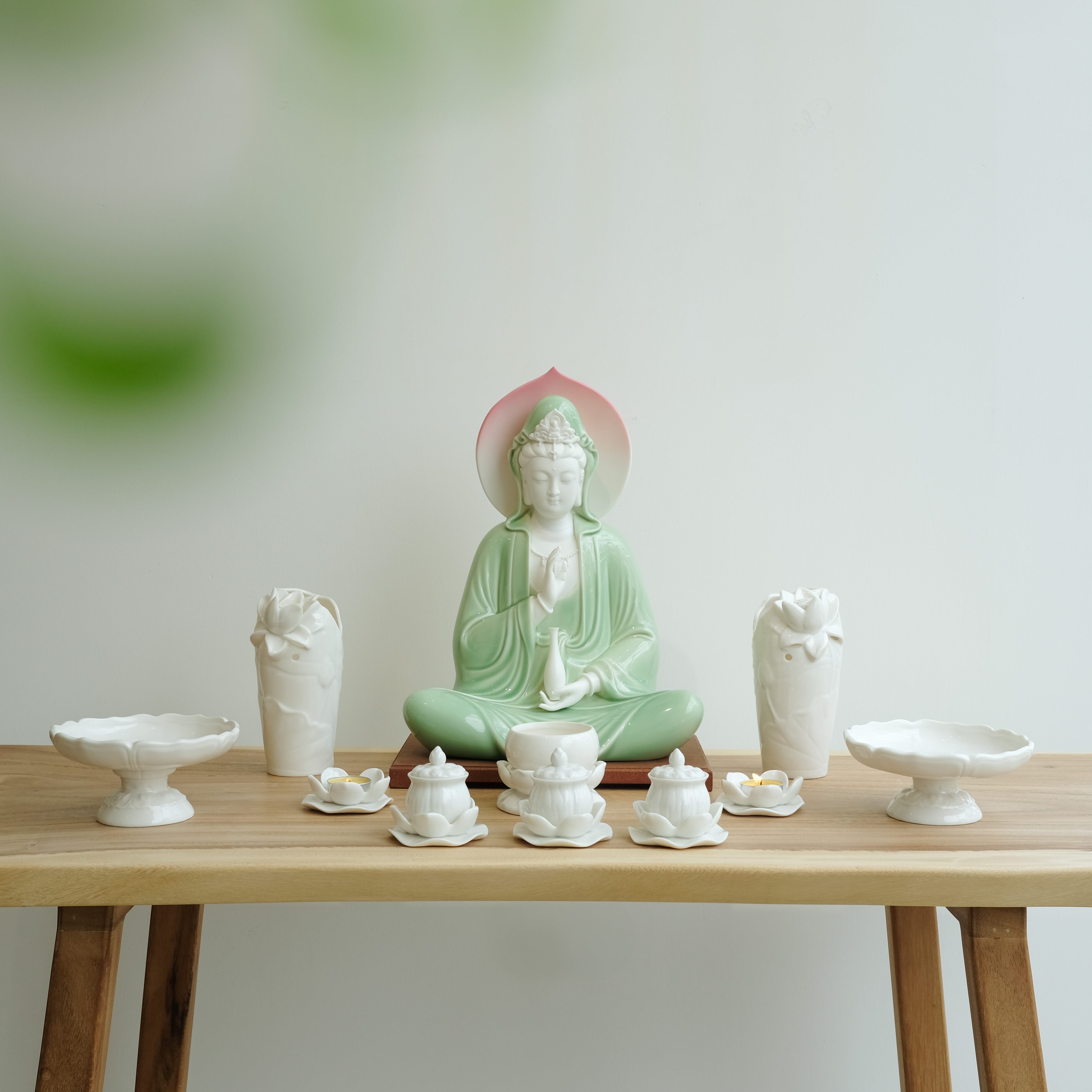 Set tượng Quan Âm xanh 39cm