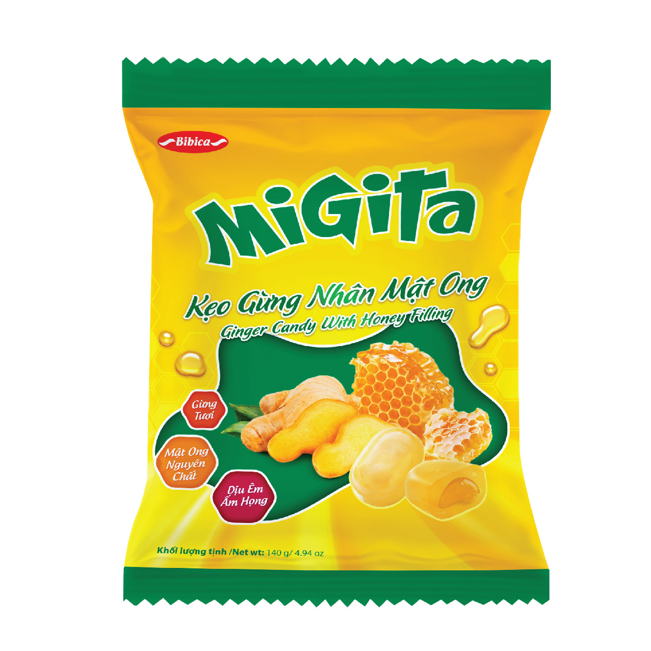 Migita Ginger Hard Candy With Honey Filling In Plastic Bag 140g
