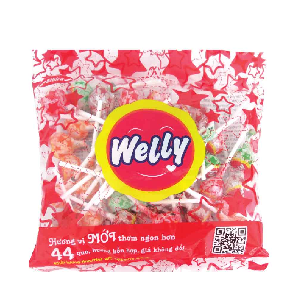 Welly Assorted flavors lollipop candy in plastic bag 396g (Orange, Strawberry, Guava, Cola)
