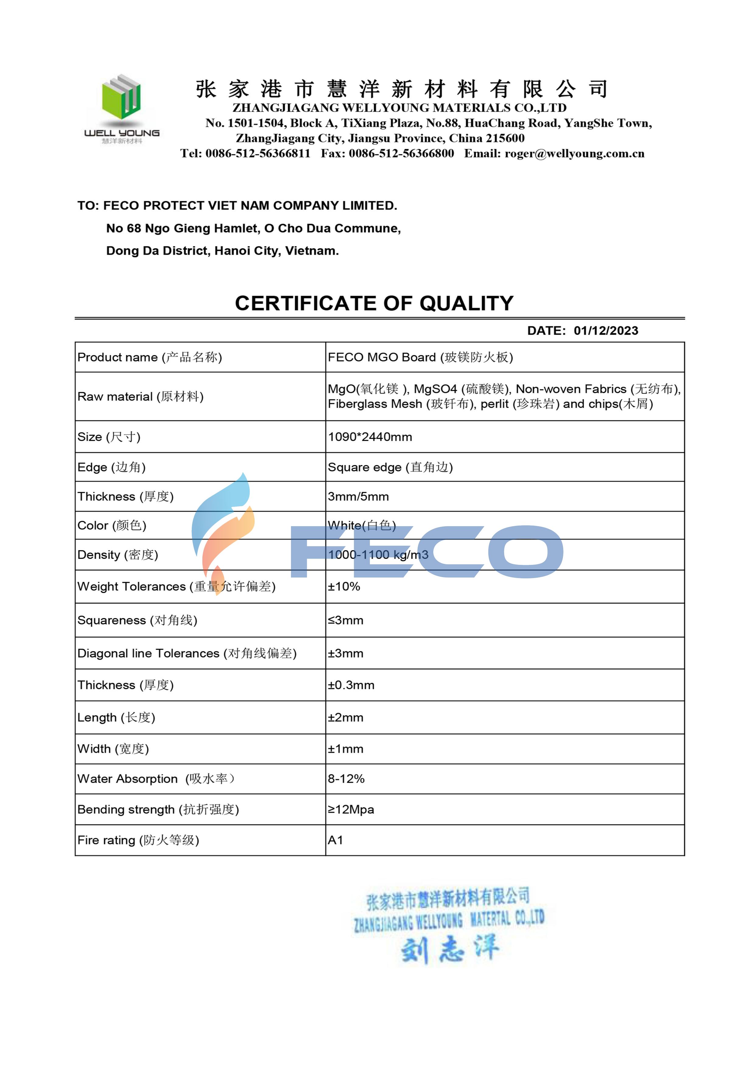 Tấm chống cháy Feco MGO MF3T dày 3mm