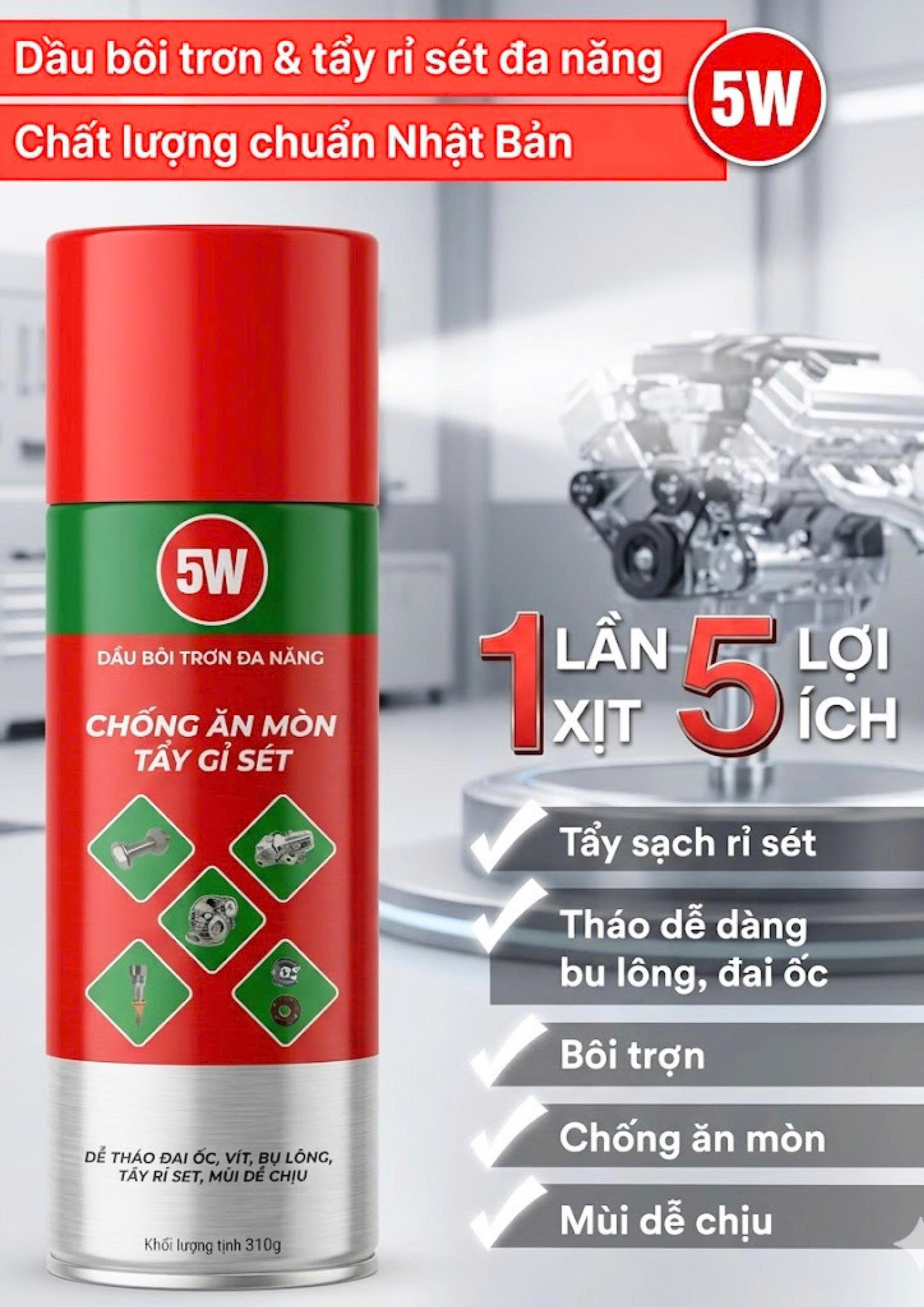 [Chính hãng] Chai xịt Tẩy Rỉ Sét Và Bôi Trơn 5W - 310g Xịt ổ khoá, bảng lề, bugi, công tắc ôtô xe máy..