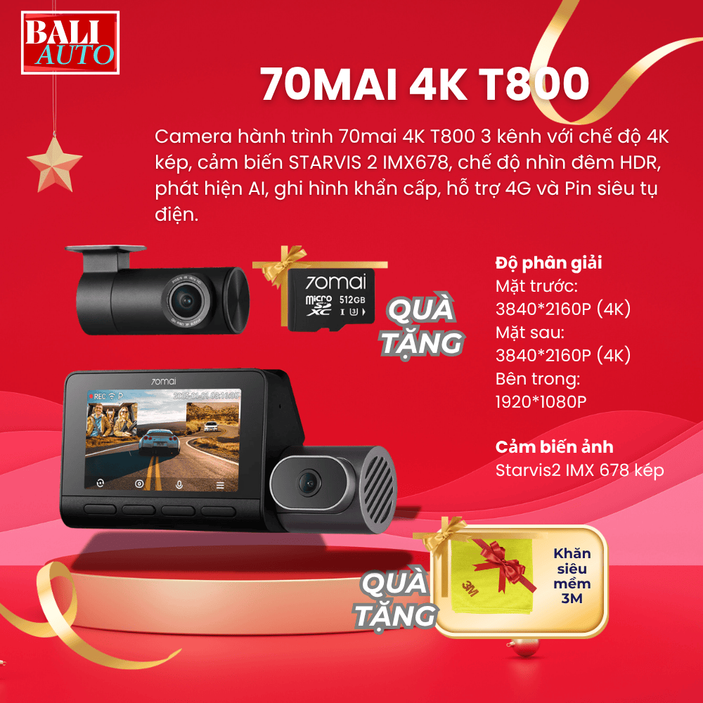 Camera hành trình 70mai 4K T800 3 kênh với chế độ 4K kép, cảm biến STARVIS 2 IMX678