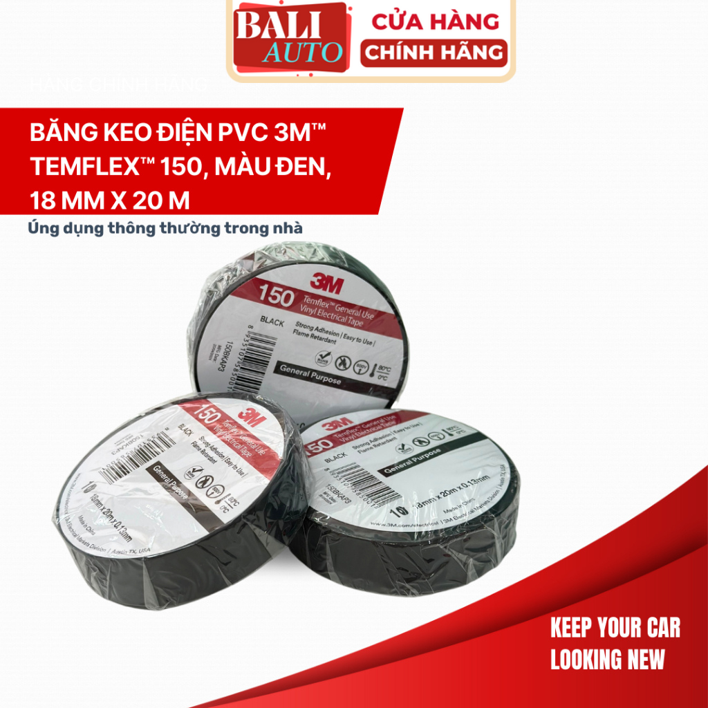 [Chính hãng] Băng Keo Điện Vinyl PVC 3M™ Temflex™ 150, Màu Đen, 18 mm x 20 m