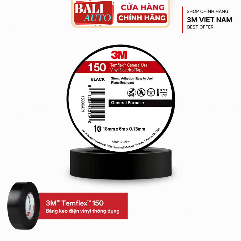 [Chính hãng] Băng Keo Điện Vinyl PVC 3M™ Temflex™ 150, Màu Đen, 18 mm x 20 m