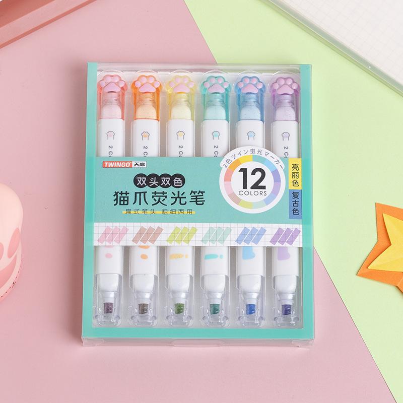 Bộ Bút Màu Highlight Bút Dạ Quang 12 Màu 6 Bút Hình Chân Mèo