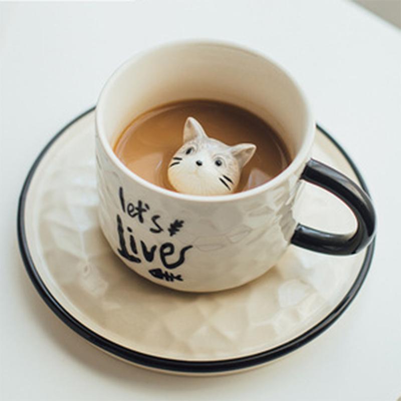 Cốc Ly Sứ Kèm Đĩa Hình Mèo Dễ Thương Quà Tặng Dành Cho Người Yêu Mèo Có Mèo Nằm Ở Bên Trong Dung Tích 200ml