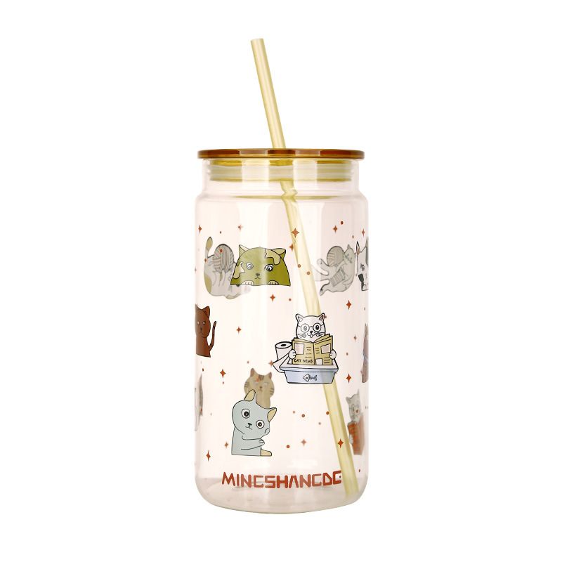 Bình thủy tinh hình mèo kèm ống hút 1400ml