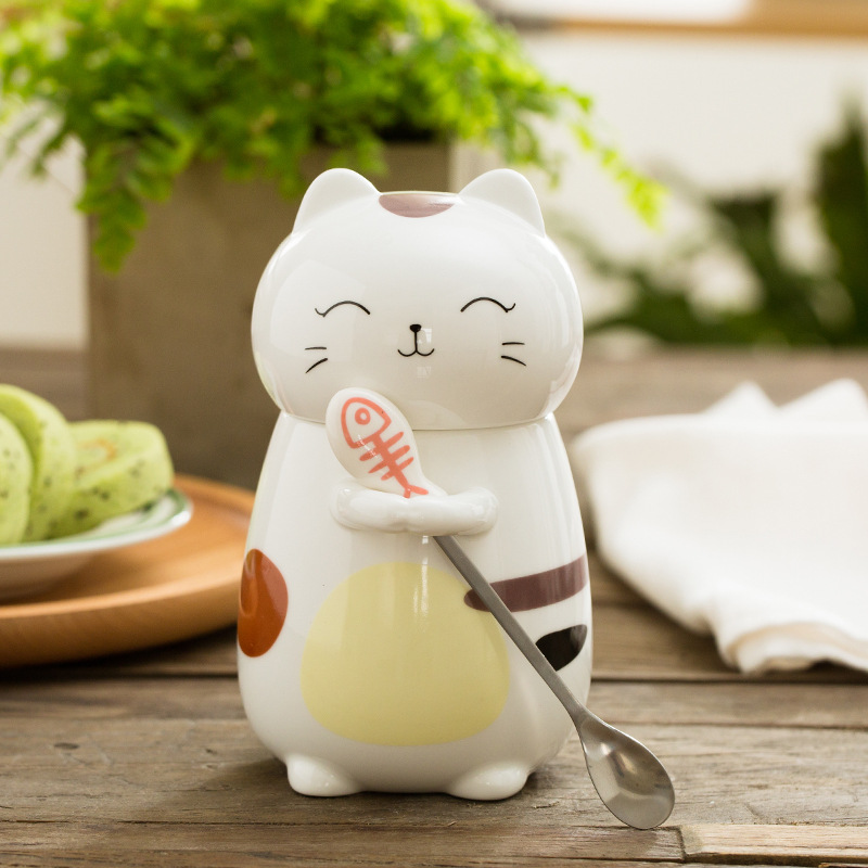Cốc hình mèo dễ thương kèm thìa có nắp đậy 400ml