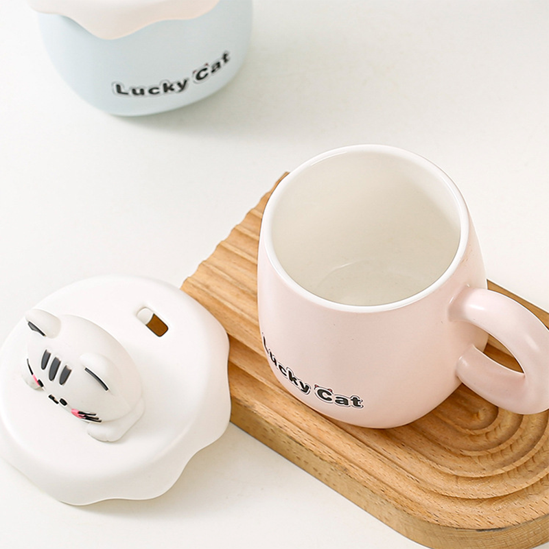 Cốc Ly Trà Cafe Bằng Sứ Hình Mèo Dễ Thương Có Tay Cầm Và Nắp Đậy Kèm Thìa Muỗng Dùng Làm Quà Tặng Bạn Bè Người Thân