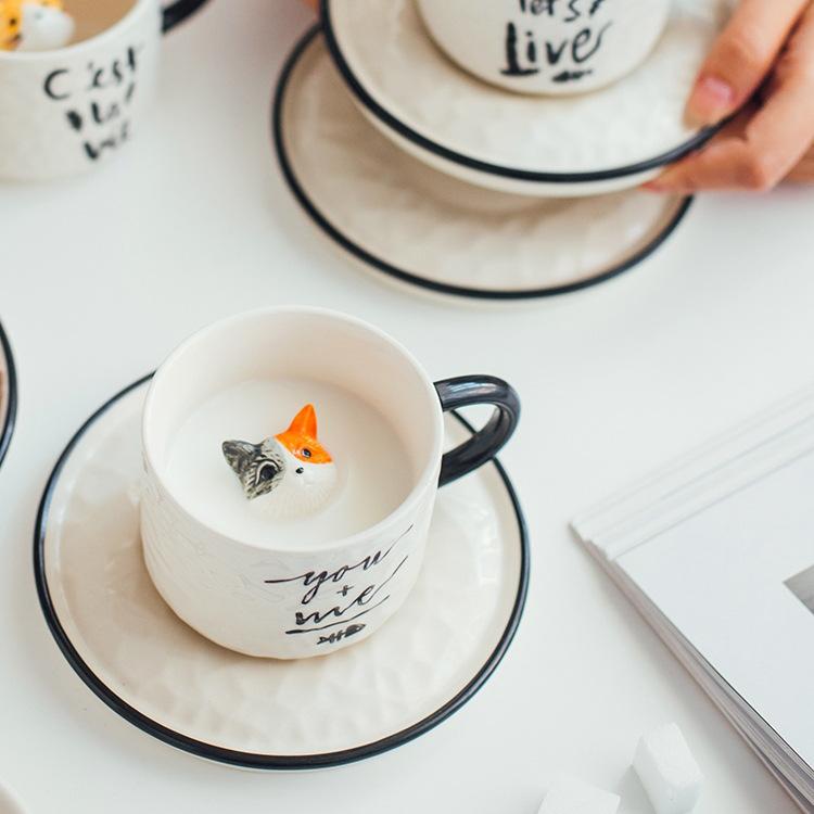 Cốc Ly Sứ Kèm Đĩa Hình Mèo Dễ Thương Quà Tặng Dành Cho Người Yêu Mèo Có Mèo Nằm Ở Bên Trong Dung Tích 200ml