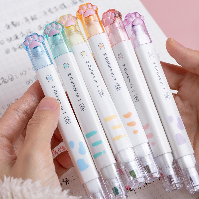 Bộ Bút Màu Highlight Bút Dạ Quang 12 Màu 6 Bút Hình Chân Mèo