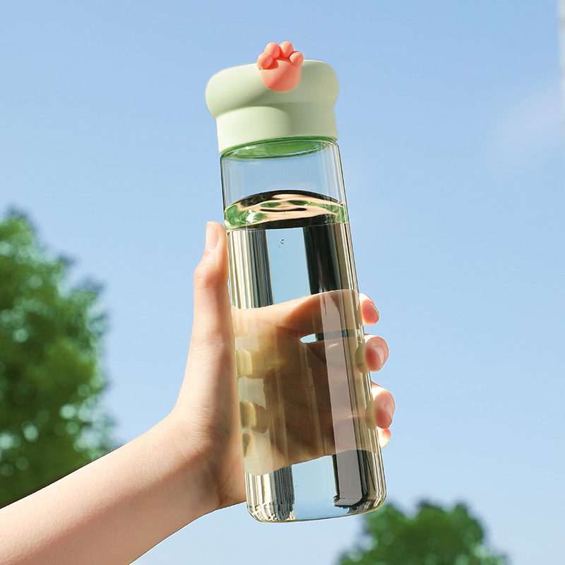 Bình nước trong suốt nắp gắn hình chân mèo 530ml màu tím