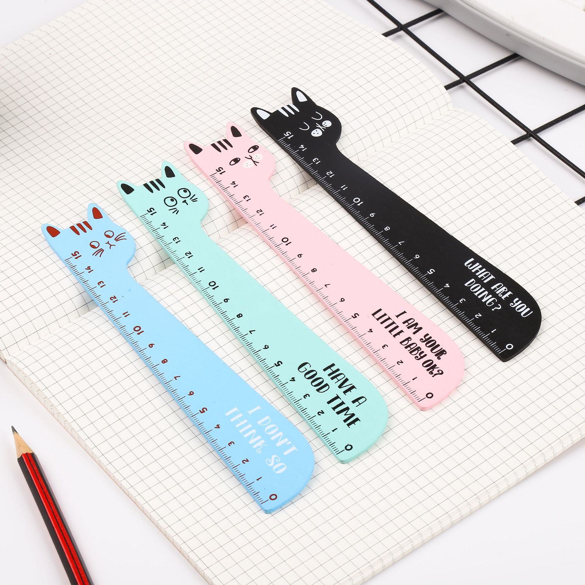 Thước gỗ mặt mèo bụng tròn 4 màu