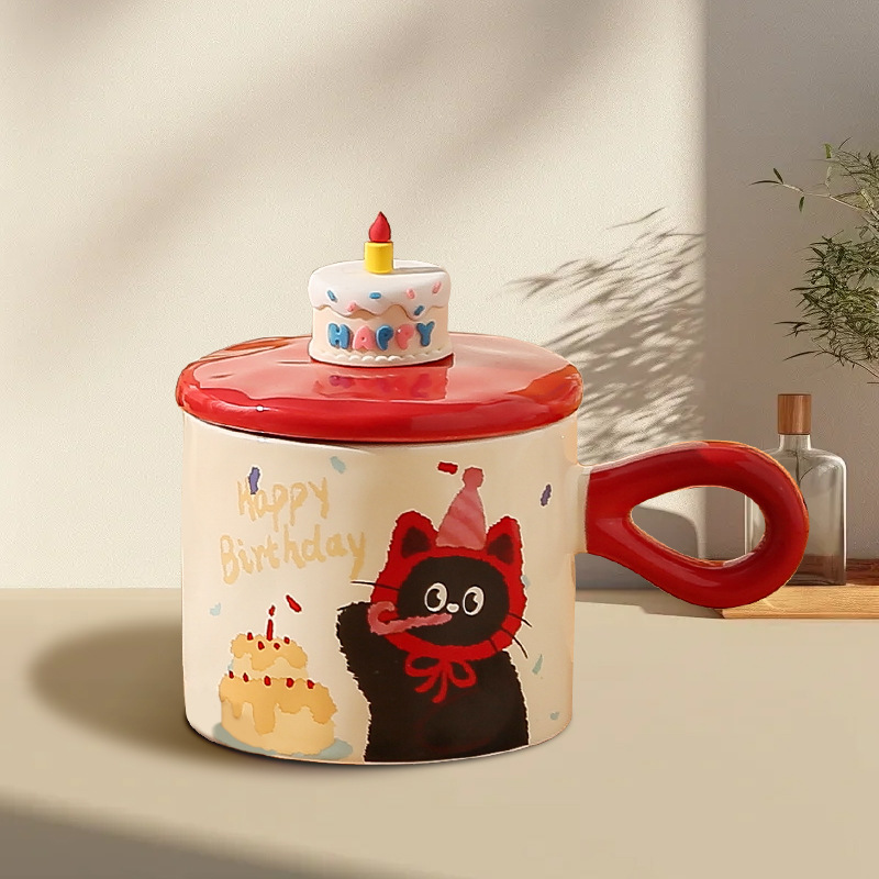 Cốc mèo Happy brithday, nắp có hình bánh sinh nhật 380ml