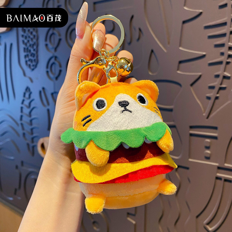 Móc khóa hình mèo kèm gương màu hồng, mèo kẹp burger