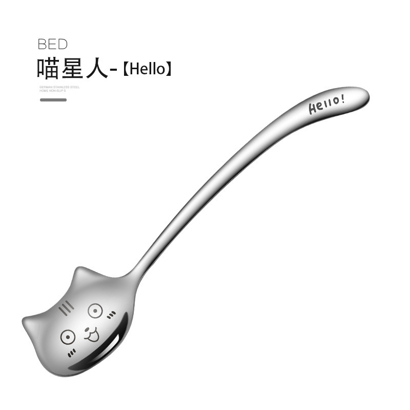 Thìa inox hình mặt mèo cán dài cong