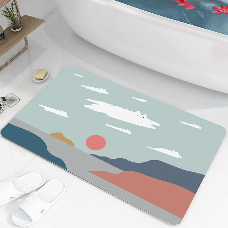 Thảm lau chân chống trượt hình mèo, núi, mây 40*60cm