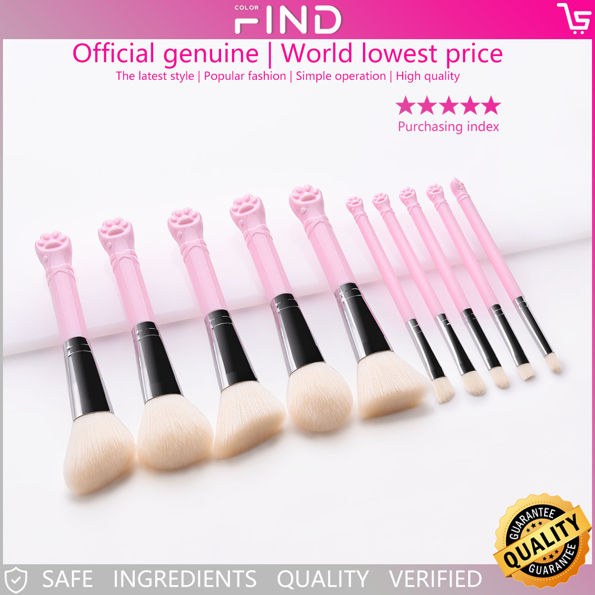 Set 10 cọ trang điểm tay cầm hình chân mèo FINDCOLOR