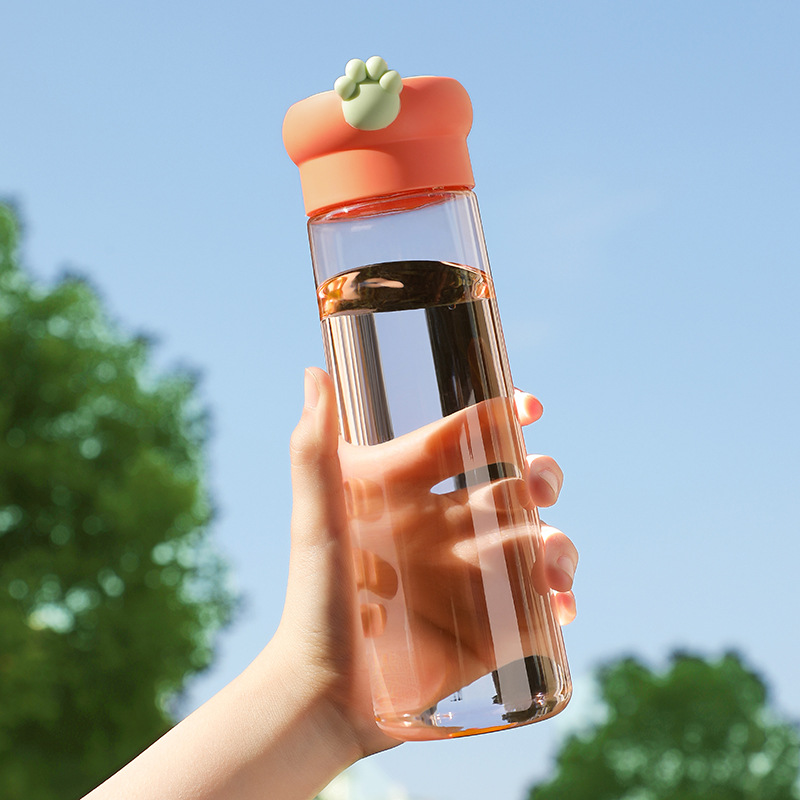 Bình nước trong suốt nắp gắn hình chân mèo 530ml màu tím