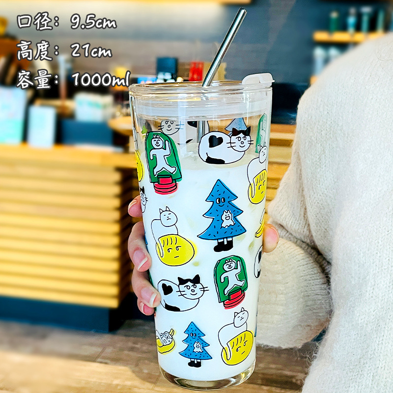 Cốc thủy tinh 2 lớp hình mèo kèm ống hút 700ml