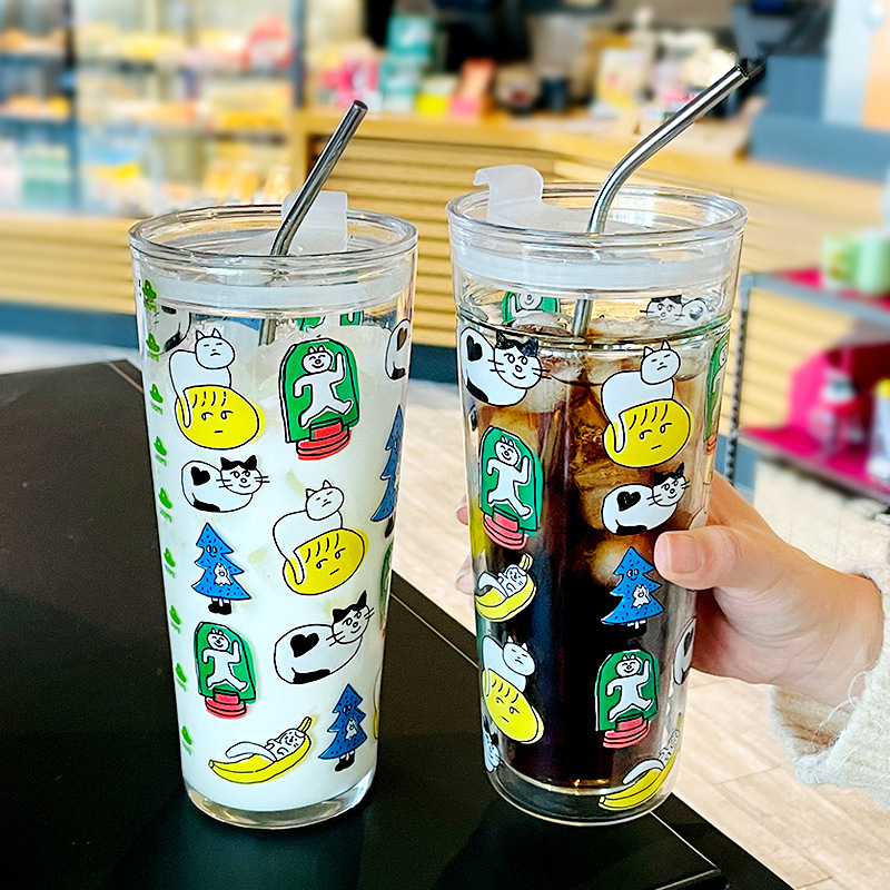 Cốc thủy tinh 1 lớp hình mèo kèm ống hút 700ml