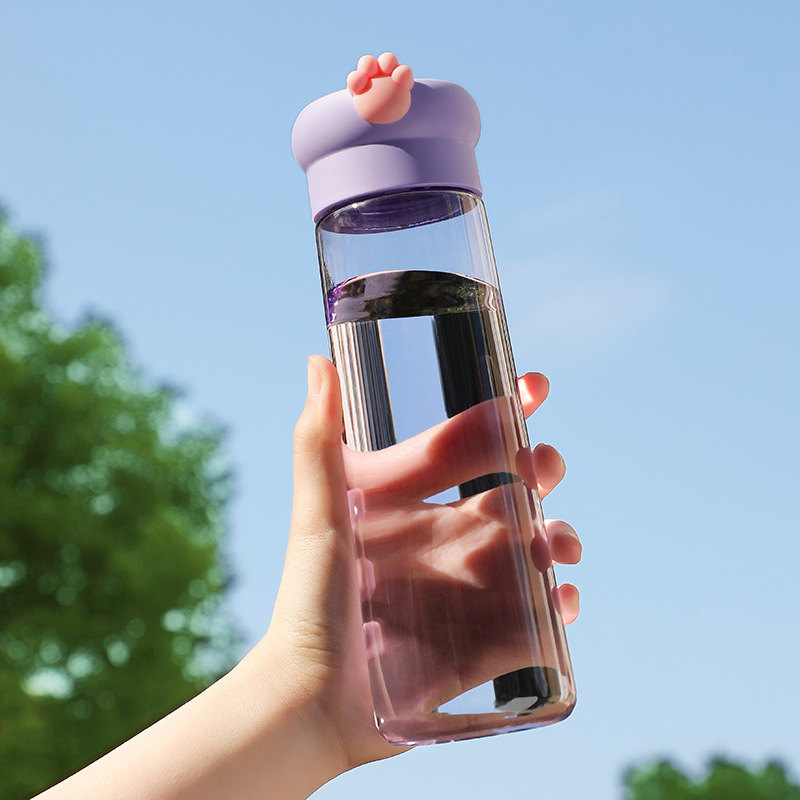 Bình nước trong suốt nắp gắn hình chân mèo 530ml màu tím