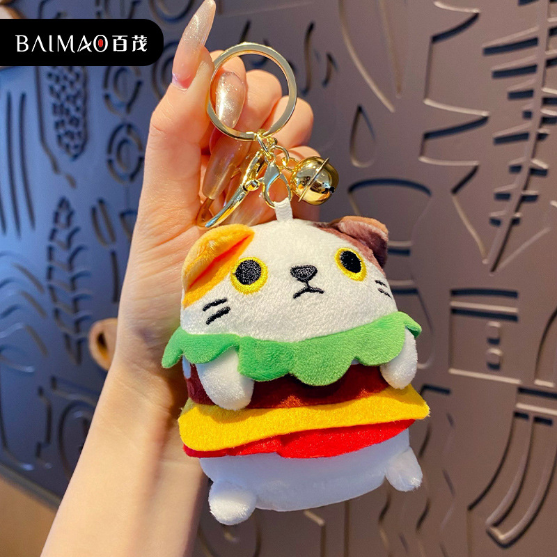 Móc khóa hình mèo kèm gương màu hồng, mèo kẹp burger