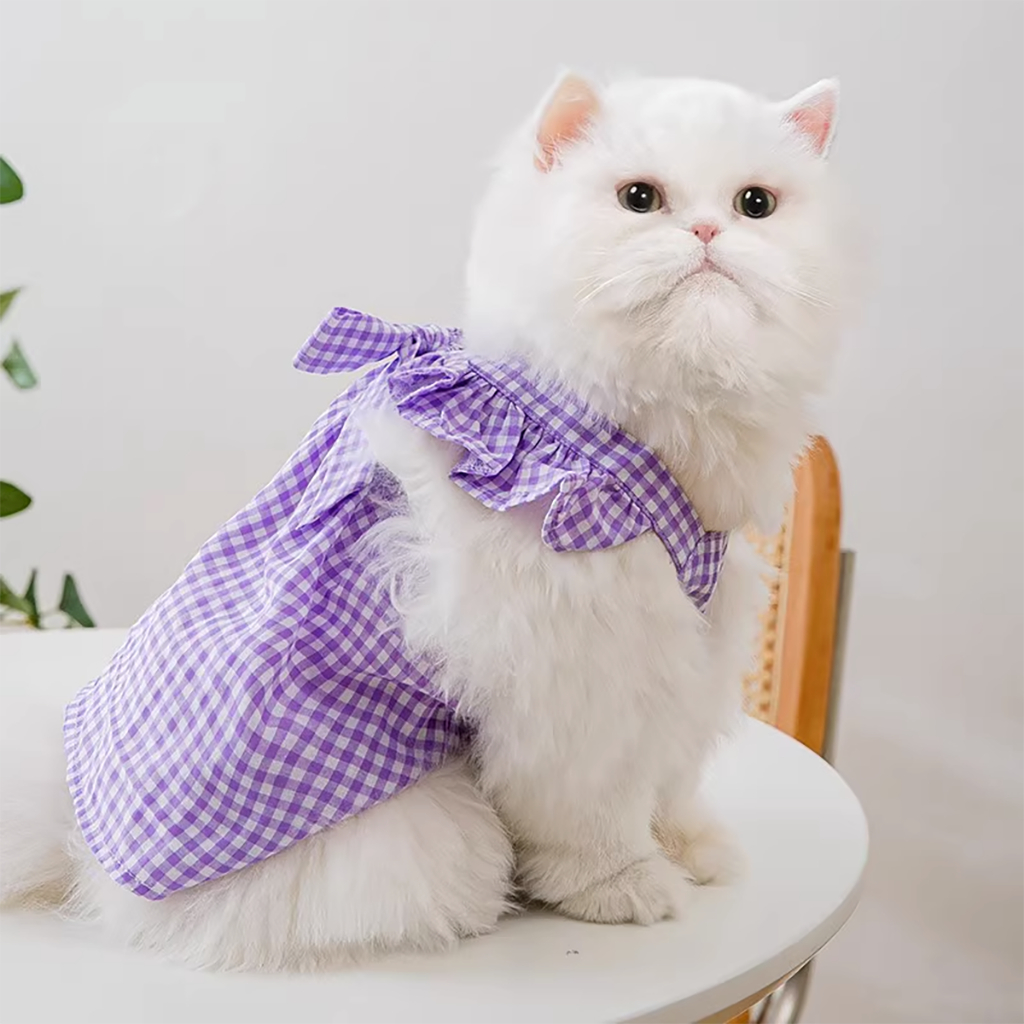 Áo váy chó mèo kẻ caro thắt nơ hồng xanh lá tím