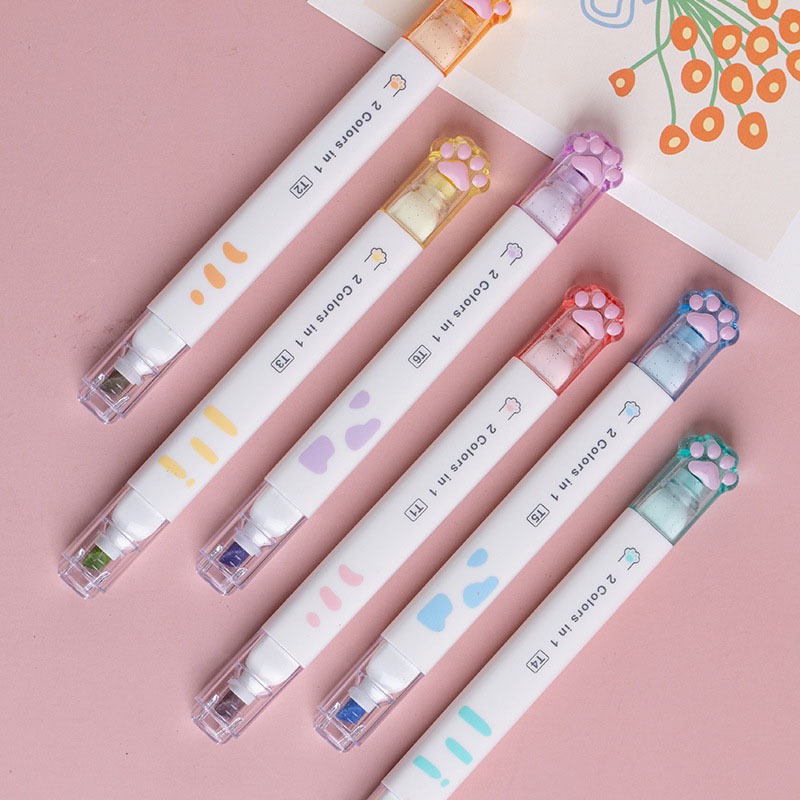 Bộ Bút Màu Highlight Bút Dạ Quang 12 Màu 6 Bút Hình Chân Mèo