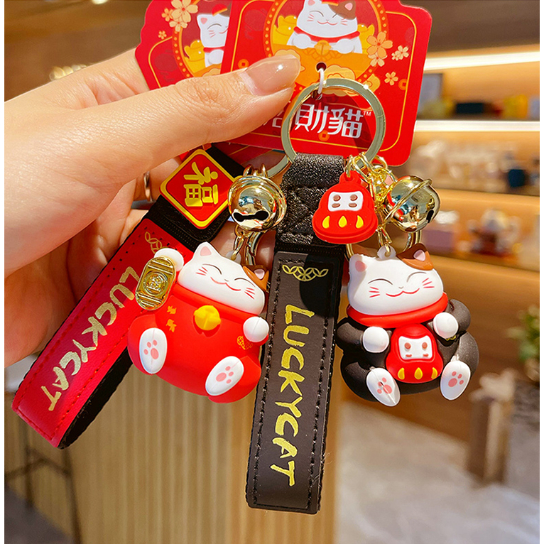 Móc khóa mèo thần tài may mắn Lucky Cat đỏ tết 2024