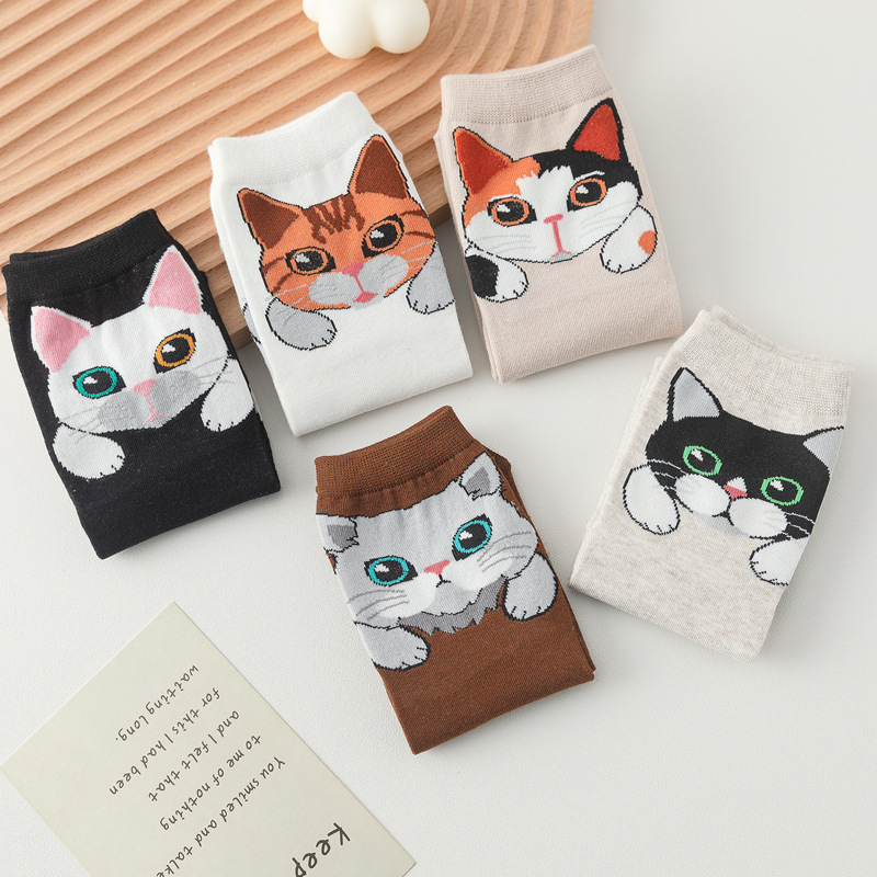 Vớ Tất Cổ Cao Chất Liệu Cotton Nữ Hình Mèo Hoạt Hình Dễ Thương Phong Cách Hàn Quốc Nhật Bản 4 Mùa