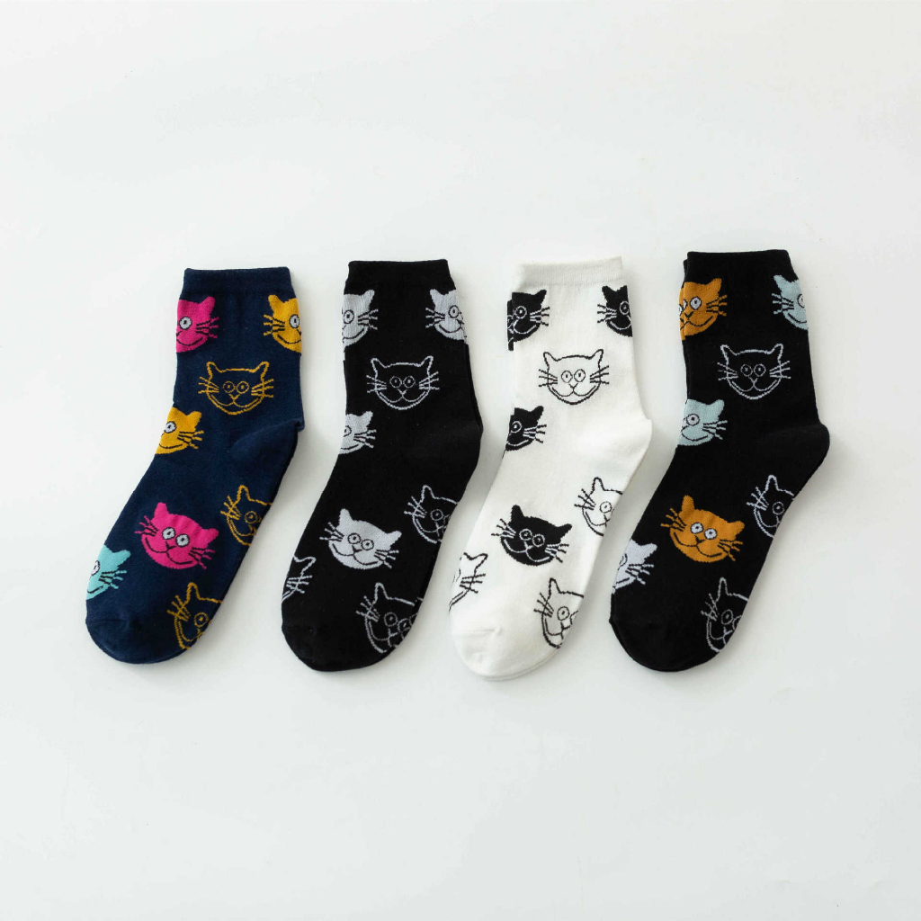 Vớ Tất Cổ Cao Chất Liệu Cotton Nữ Hình Mặt Mèo Dễ Thương Phong Cách Hàn Quốc Nhật Bản 4 Mùa