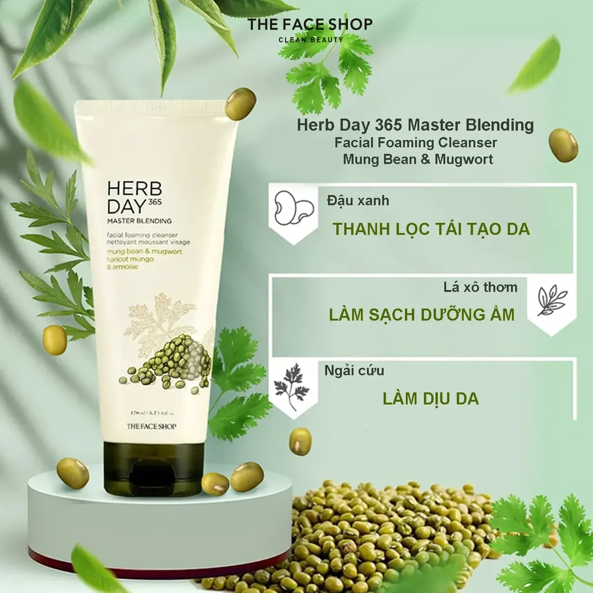 Sữa rửa mặt tái tạo da TheFaceShop Herb Day 365 Mung Bean and Mugwort- Đậu Xanh (170ml)
