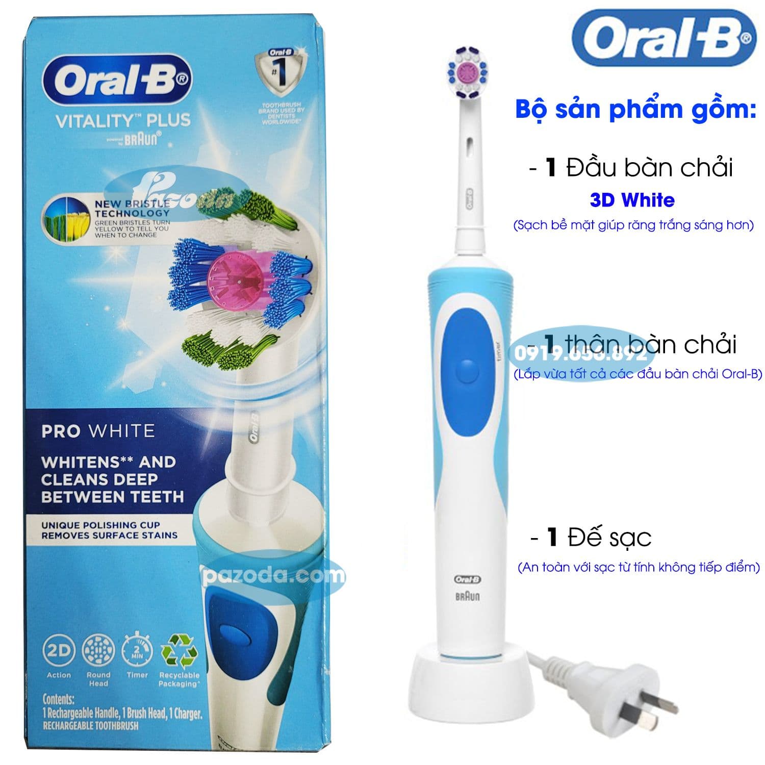 Bàn chải đánh răng điện Oral-B Vitality Braun, Pro White, 1 đầu bàn chải