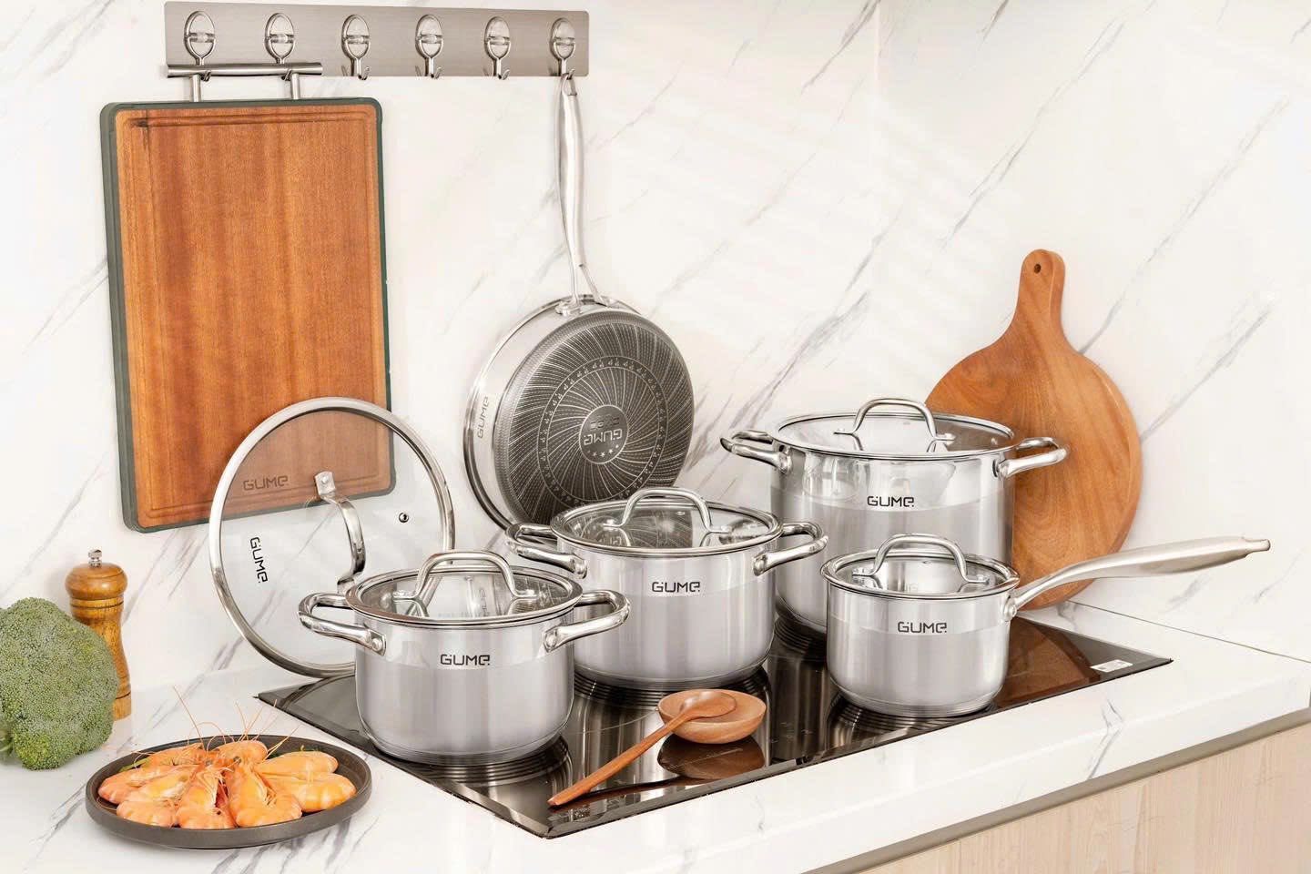 Bộ nồi chảo inox 5 món cao cấp Gume Hàn Quốc 5 đáy dùng cho mọi loại bếp