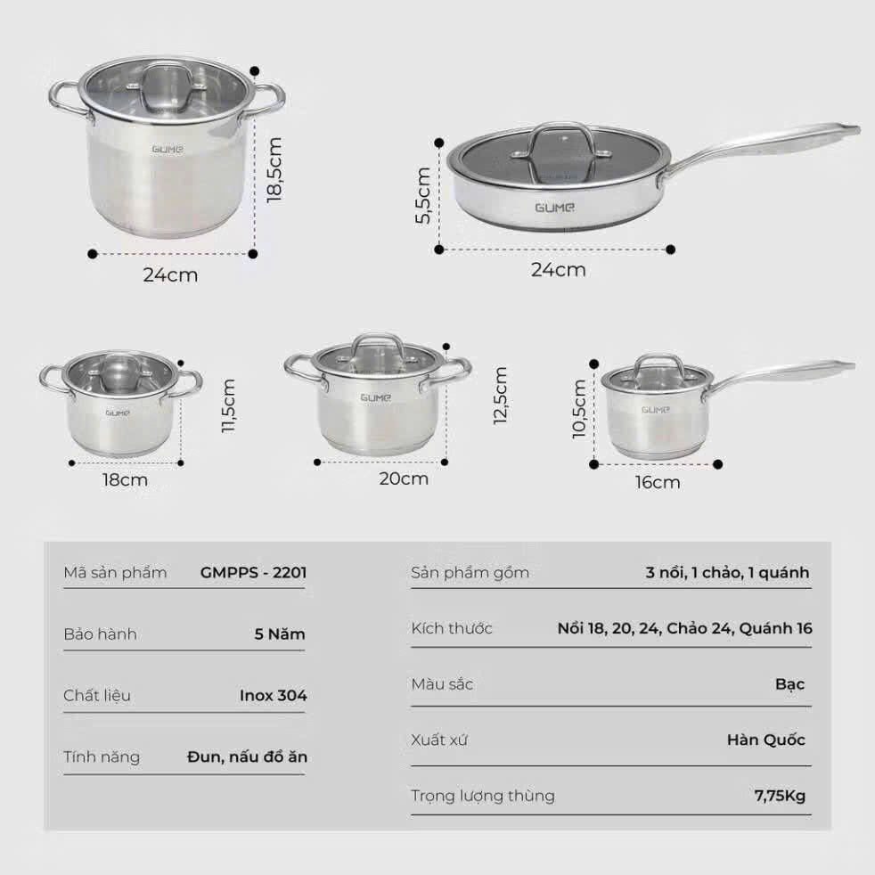 Bộ nồi chảo inox 5 món cao cấp Gume Hàn Quốc 5 đáy dùng cho mọi loại bếp