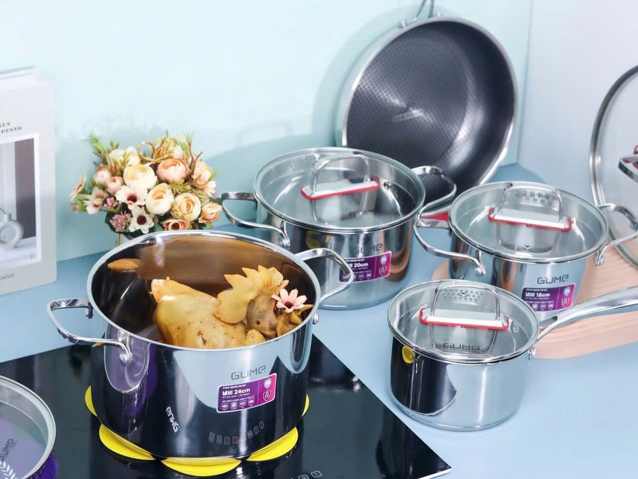 Bộ nồi chảo inox 5 món cao cấp Gume Hàn Quốc 5 đáy dùng cho mọi loại bếp
