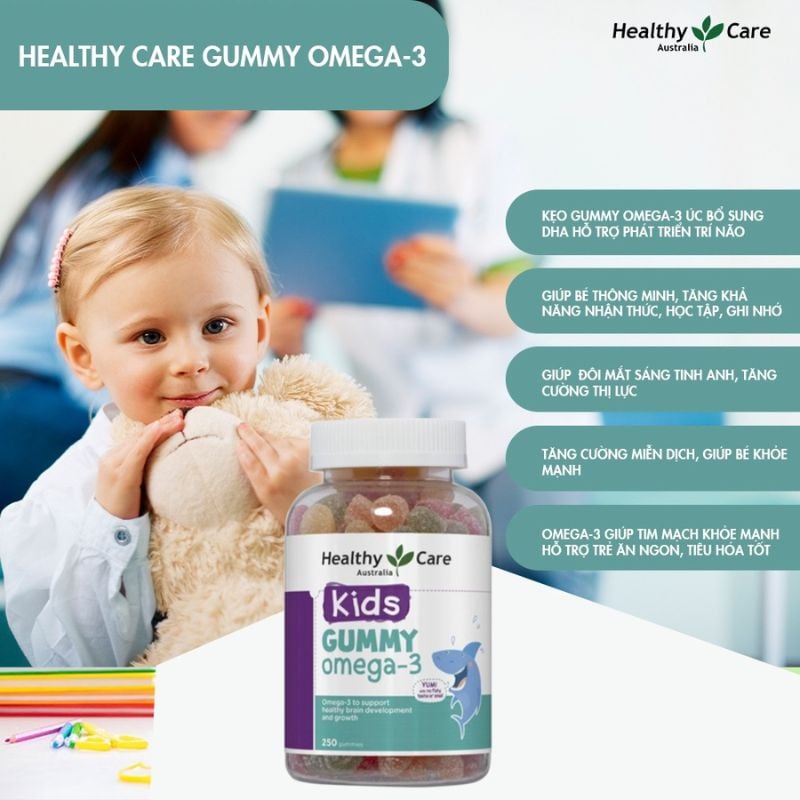 Kẹo dẻo bổ sung Omega-3 Gummy Healthy Care Úc, 250 viên