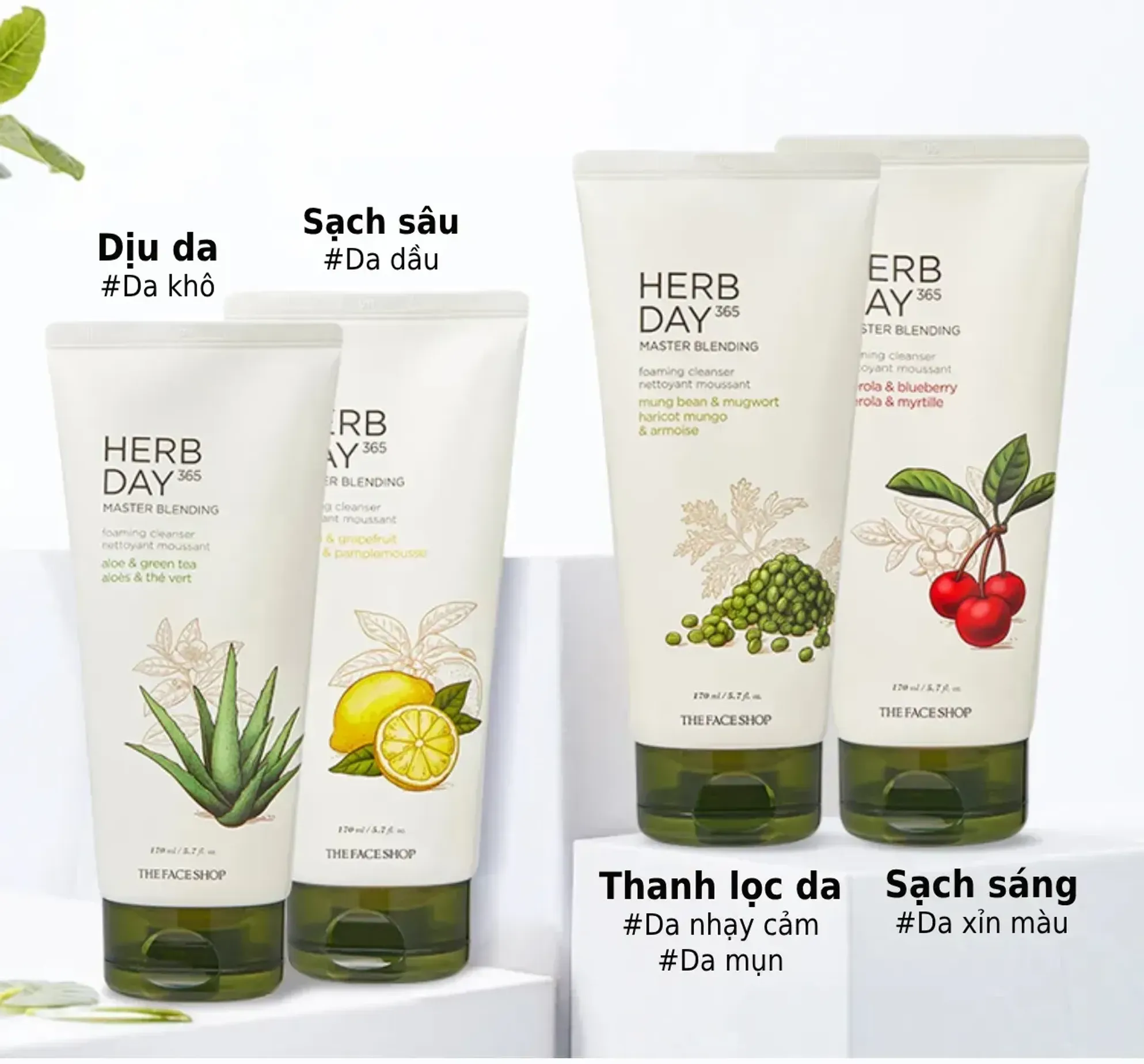 Sữa rửa mặt tái tạo da TheFaceShop Herb Day 365 Mung Bean and Mugwort- Đậu Xanh (170ml)