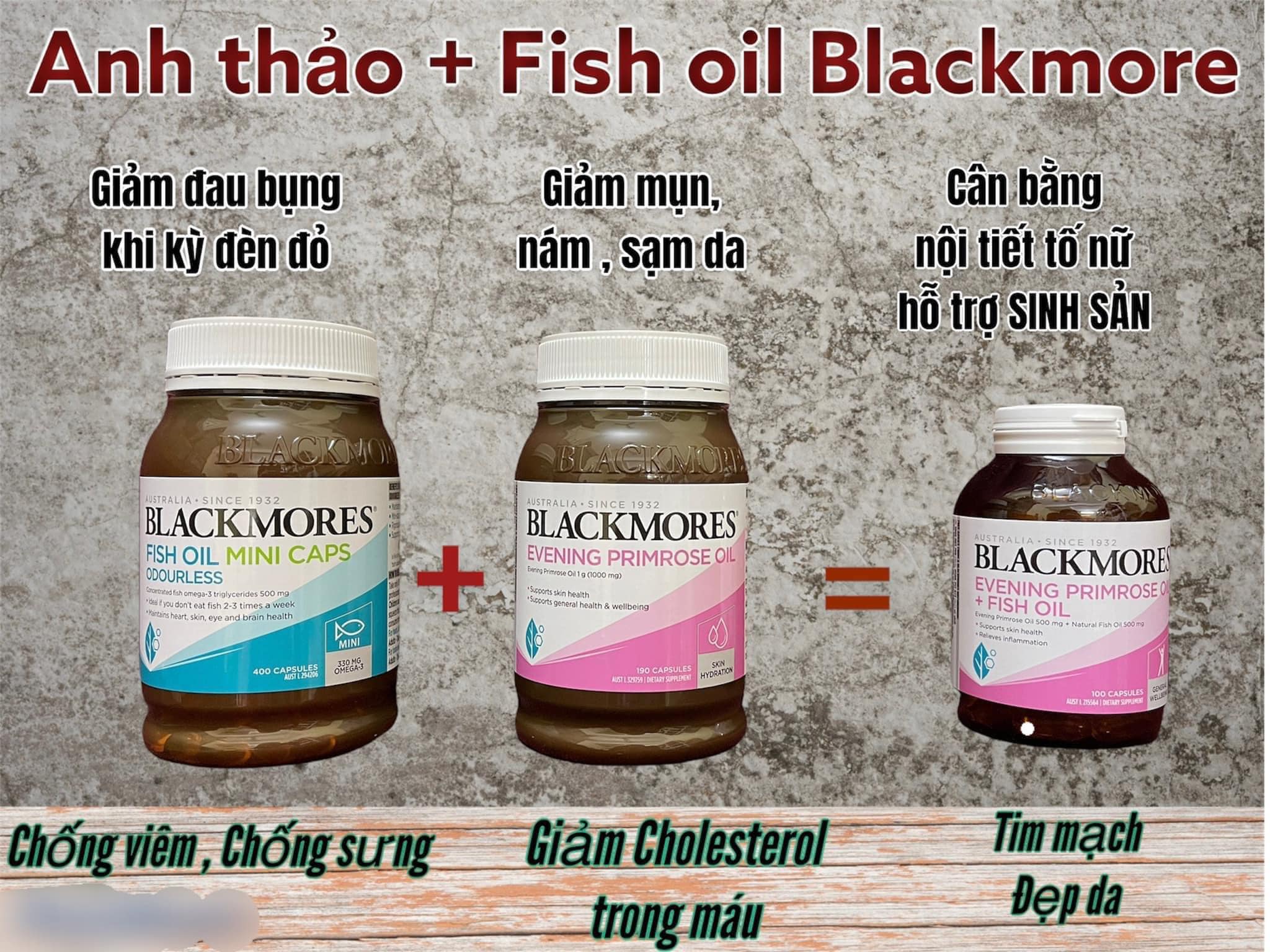 Tinh dầu hoa anh thảo kết hợp dầu cá Blackmores 100 viên lọ thủy tinh