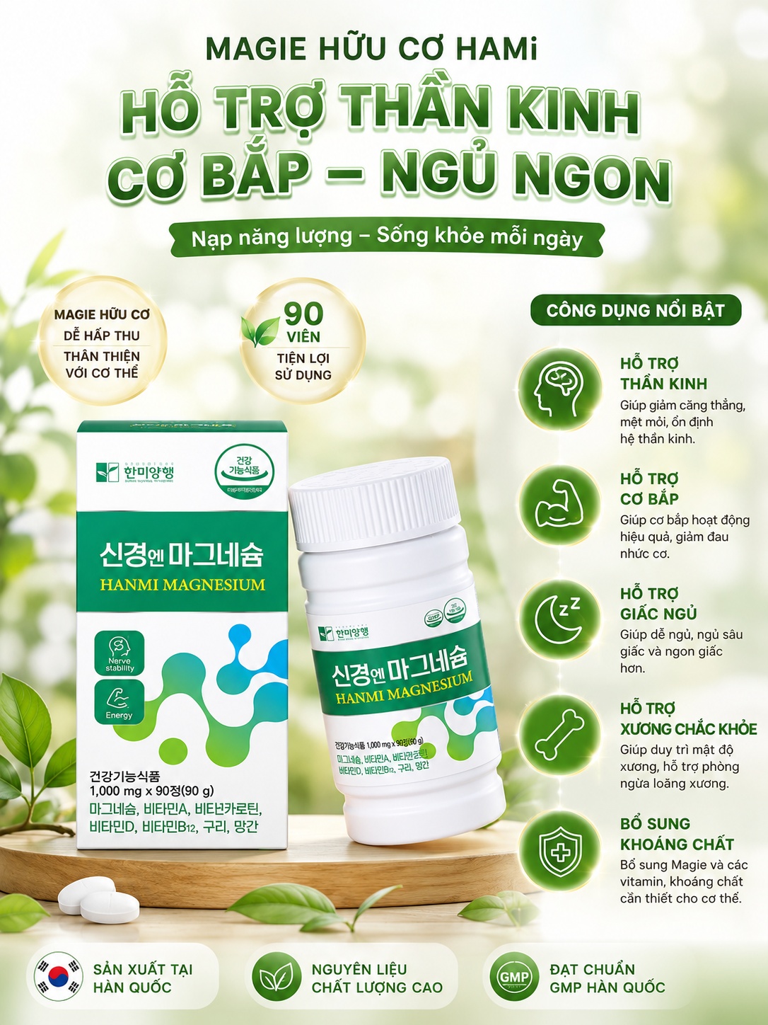 Viên uống bổ sung Magie hữu cơ hãng Hanmi Hàn Quốc 90 viên