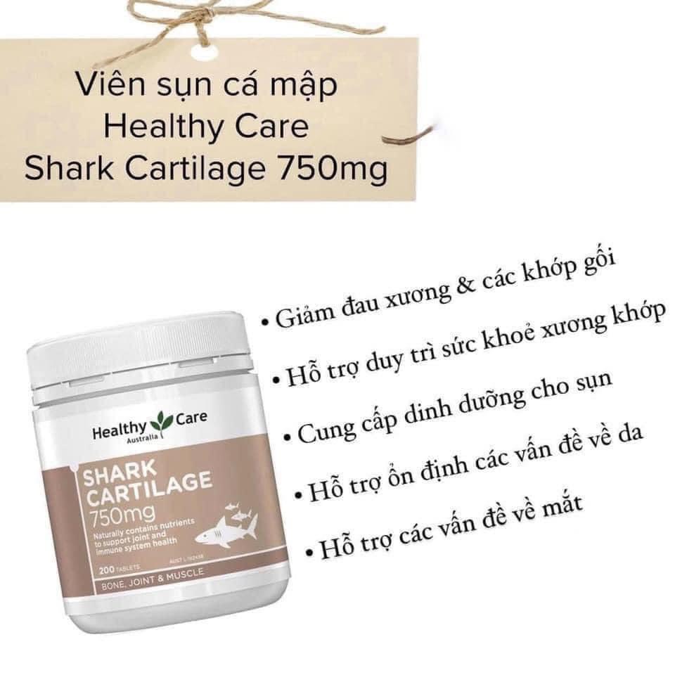 Viên Uống Sụn Vi Cá Mập Giúp Hỗ Trợ Sức Khỏe Xương Khớp Healthy Care Shark Cartilage 750mg 200 Viên
