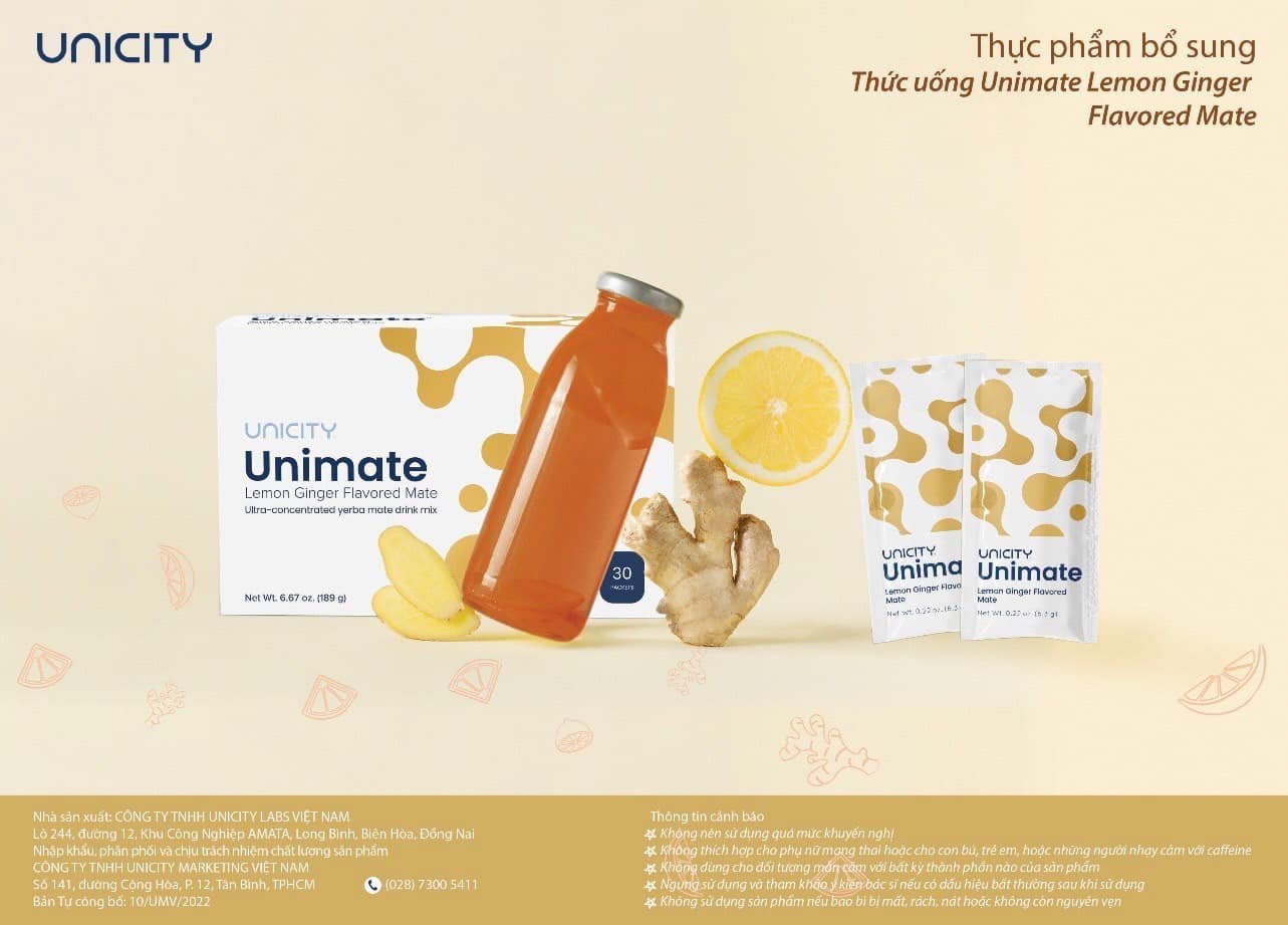 Unimate Chanh Gừng Unicity- Nước Uống Chăm Sóc Não Bộ, Bổ Sung Năng Lượng, Hỗ Trợ Đốt Mỡ 30 gói