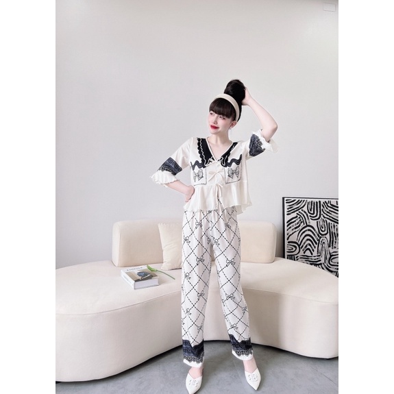 SP_18 Đồ bộ pijama BOLOBALA quần dài áo tay lỡ bèo 3 nơ xinh xắn lụa latin màu sắc hot trend, nhẹ nhàng