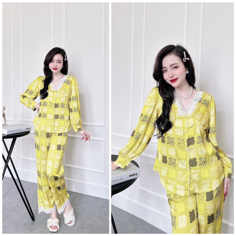 SP_51 Đồ bộ pijama BOLOBALA lụa latin áo tay dài quần dài phối ren viền cổ áo và viền quần