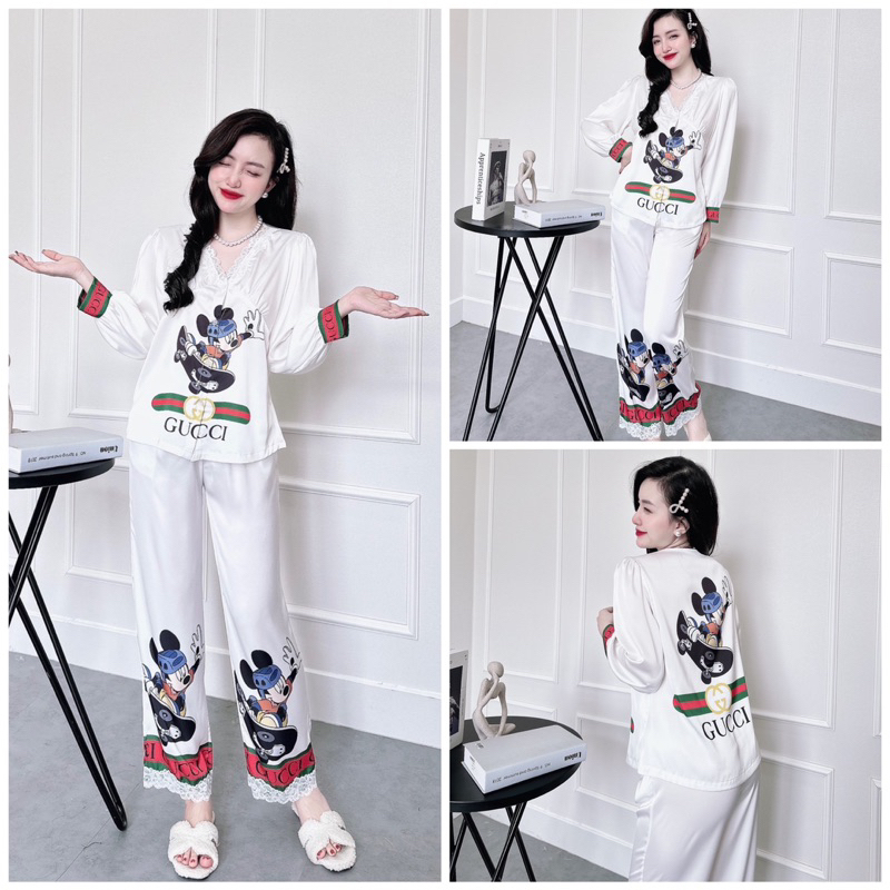 SP_51 Đồ bộ pijama BOLOBALA lụa latin áo tay dài quần dài phối ren viền cổ áo và viền quần